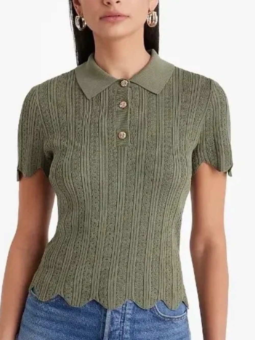 Ribbed Scalloped Novelty Button Express Short Sleeve Polo Sweater Size Medium